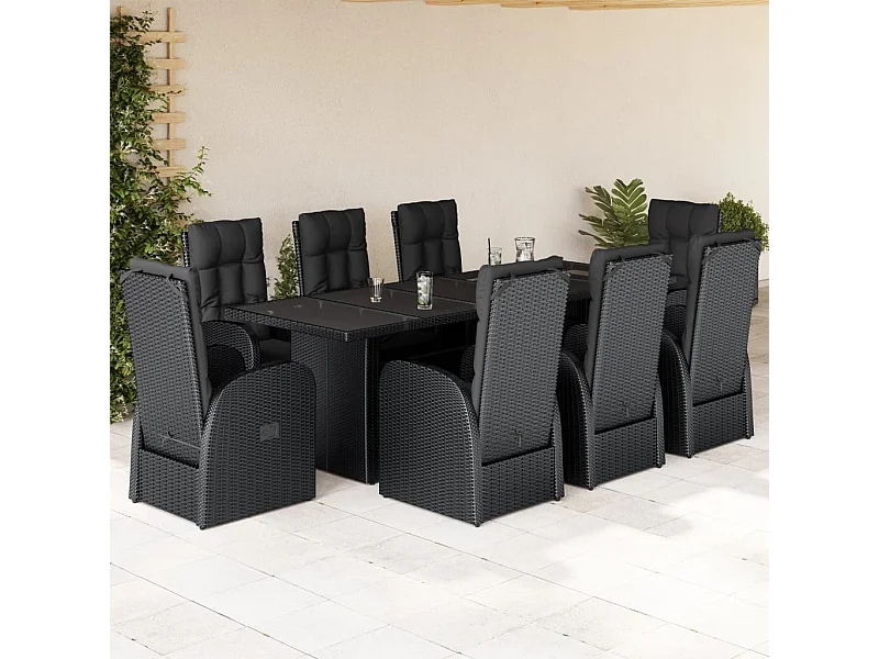 9-tlg. Garten-Essgruppe mit Kissen Schwarz Poly Rattan