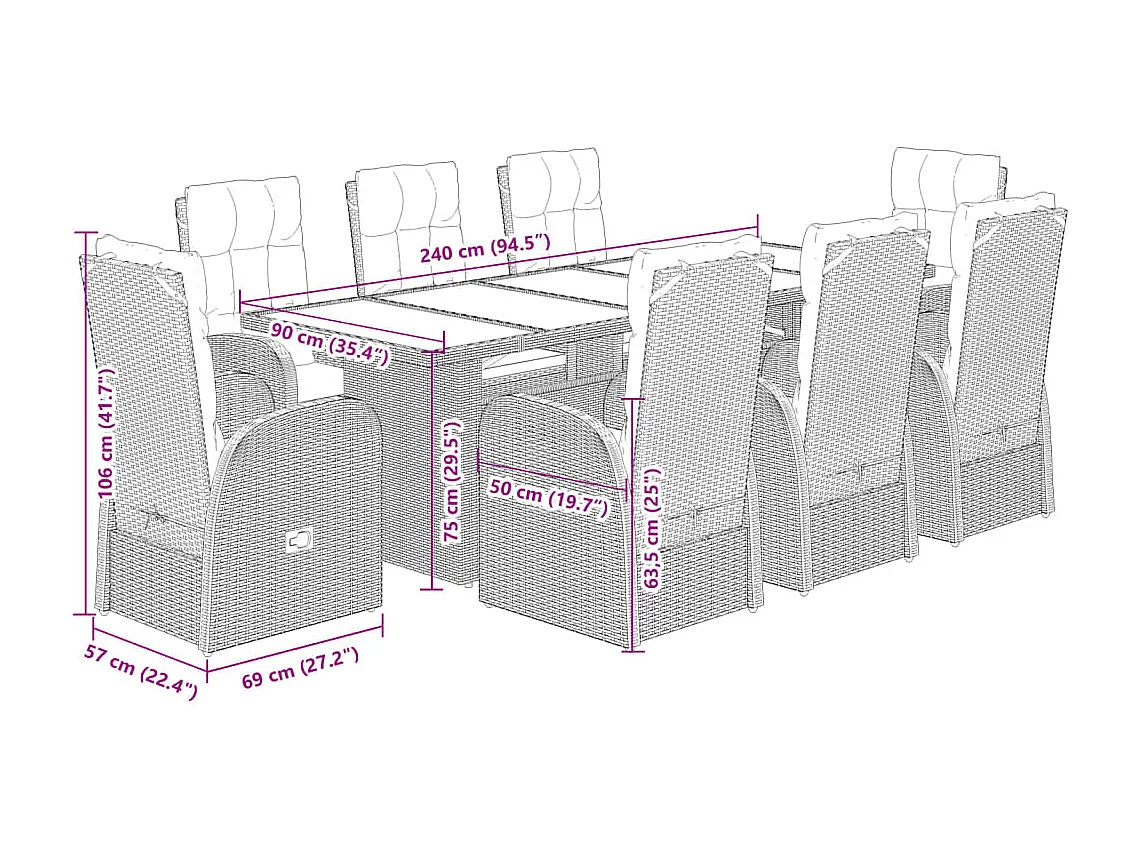 Ensemble à manger de jardin 9pcs coussins noir résine tressée
