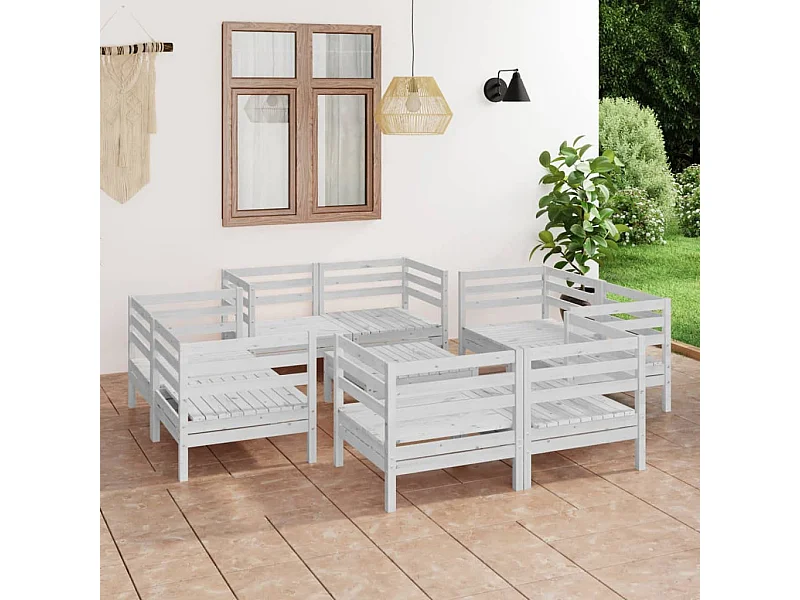 Set Divani da Giardino 9 pz Bianco in Legno Massello di Pino