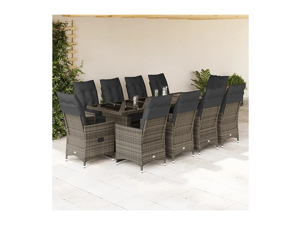 Set Bistrò da Giardino 11 pz con Cuscini in Polyrattan Grigio