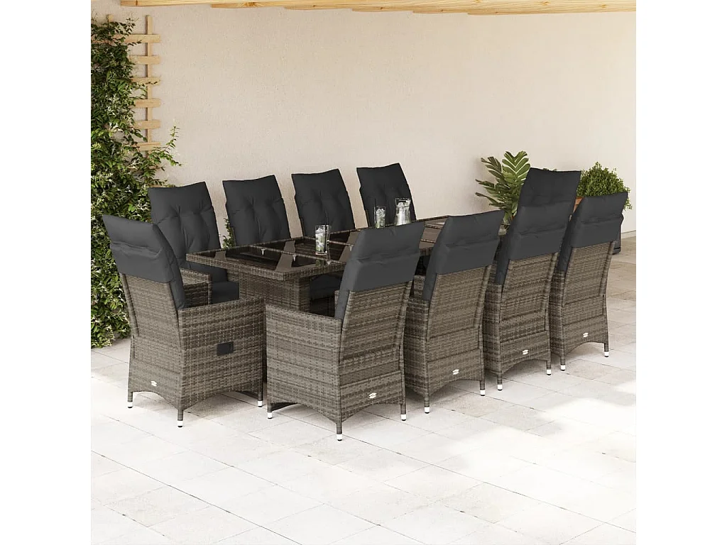 Set de mesa y sillas de jardín 11 pzas y cojines ratán PE gris