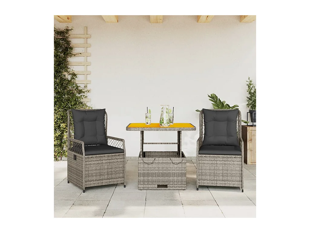 Set da Pranzo da Giardino 3 pz con Cuscini in Polyrattan Grigio