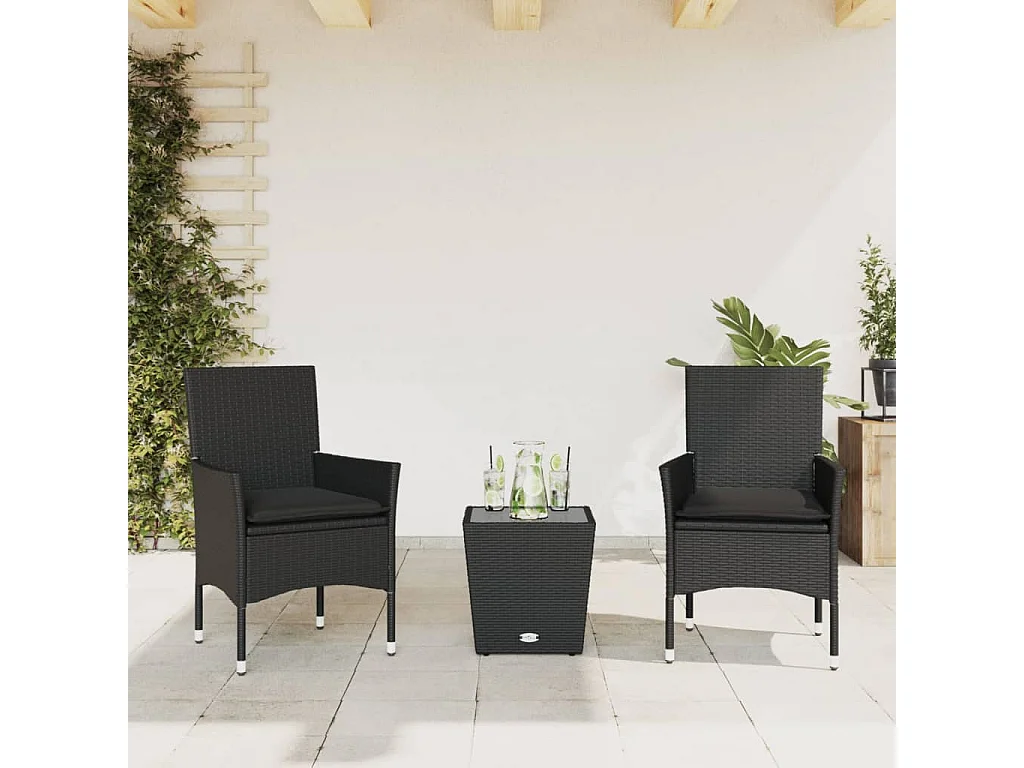 Ensemble de bistro avec coussins 3pcs noir résine tressée verre