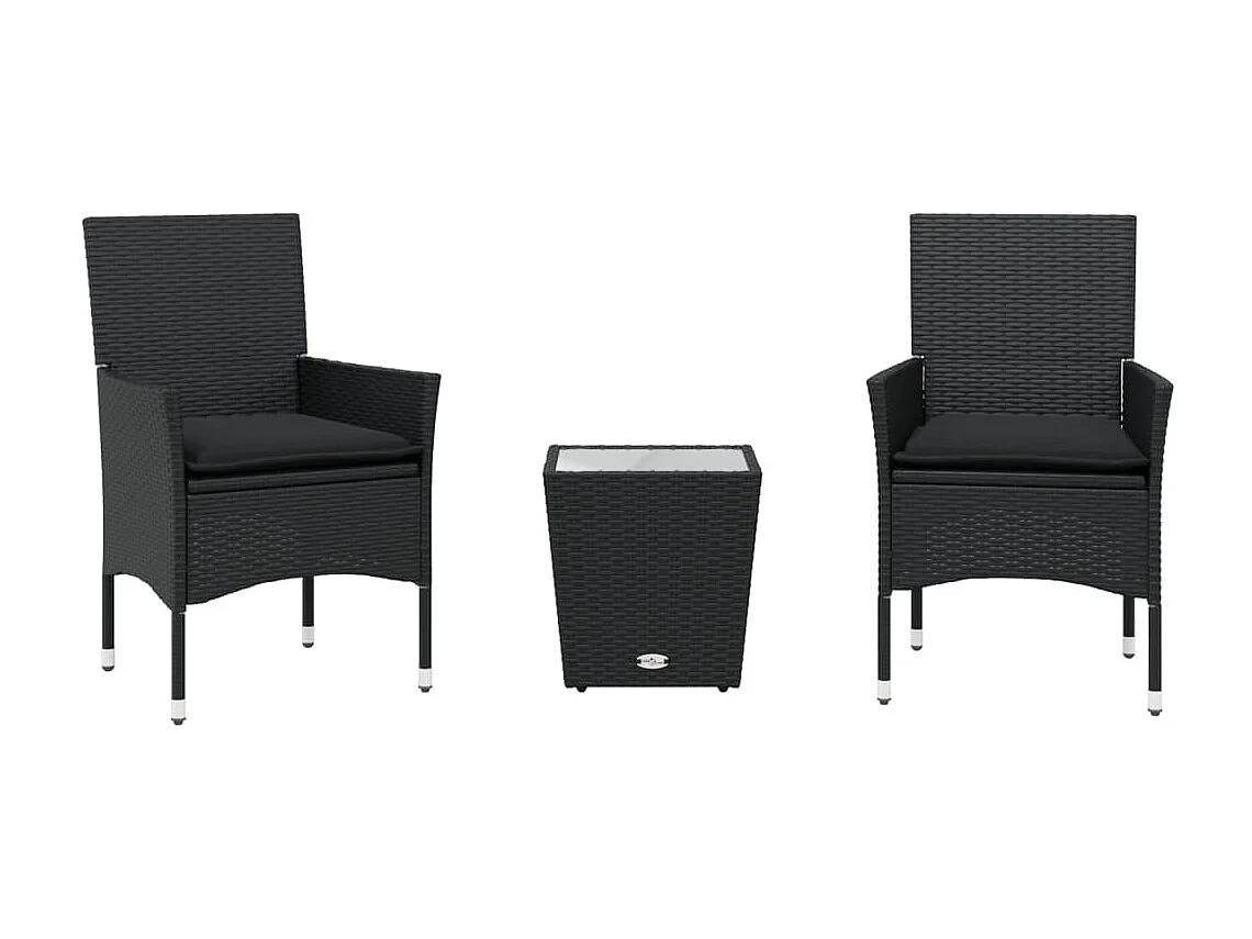 Ensemble de bistro avec coussins 3pcs noir résine tressée verre