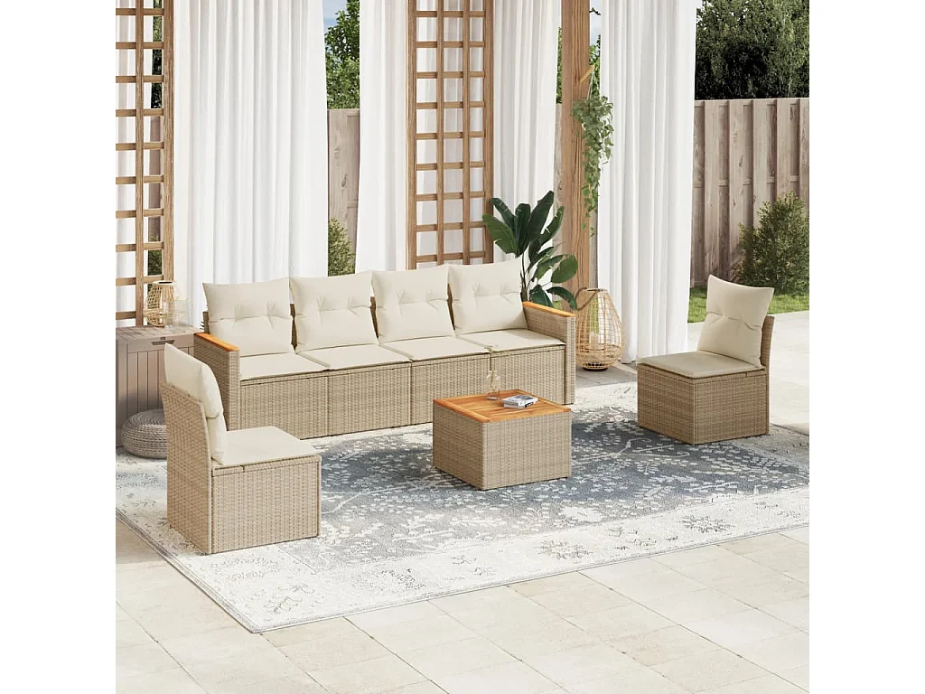 Salon de jardin avec coussins 7 pcs beige résine tressée