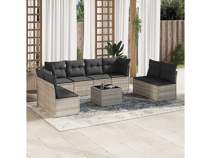 Set muebles jardín 9 pzas y cojines ratán sintético gris claro