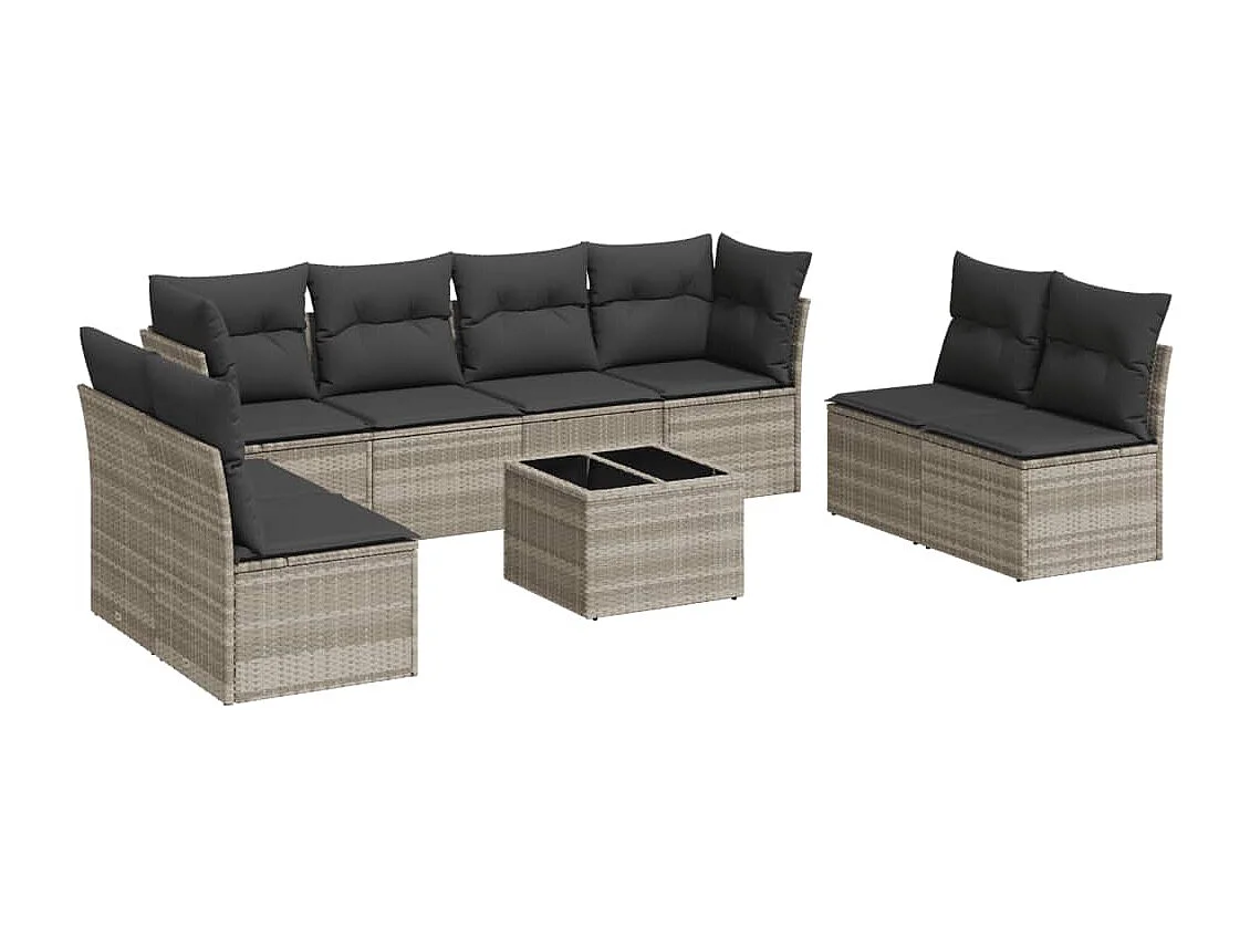 Salon de jardin 9 pcs avec coussins gris clair résine tressée