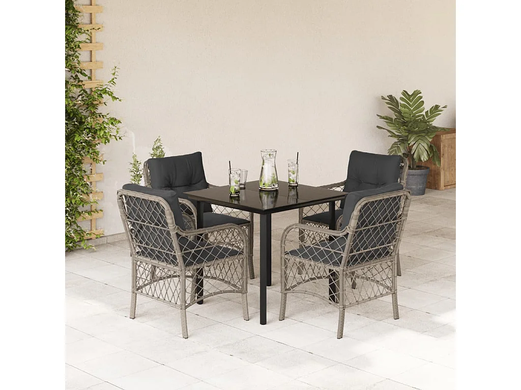 5-tlg. Garten-Essgruppe mit Kissen Hellgrau Poly Rattan
