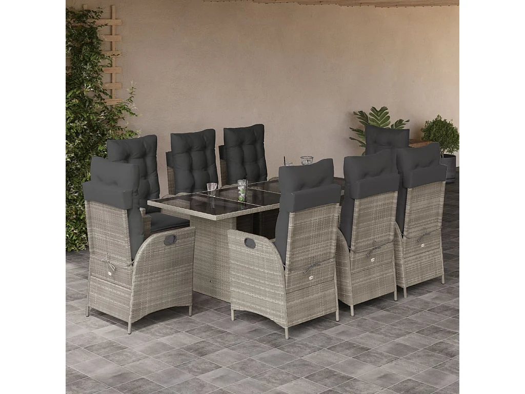 Ensemble à manger de jardin et coussins 9 pcs gris clair rotin