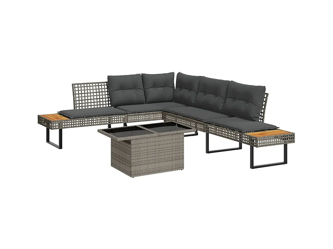 Salon de jardin avec coussins 2pcs gris résine tressée et verre