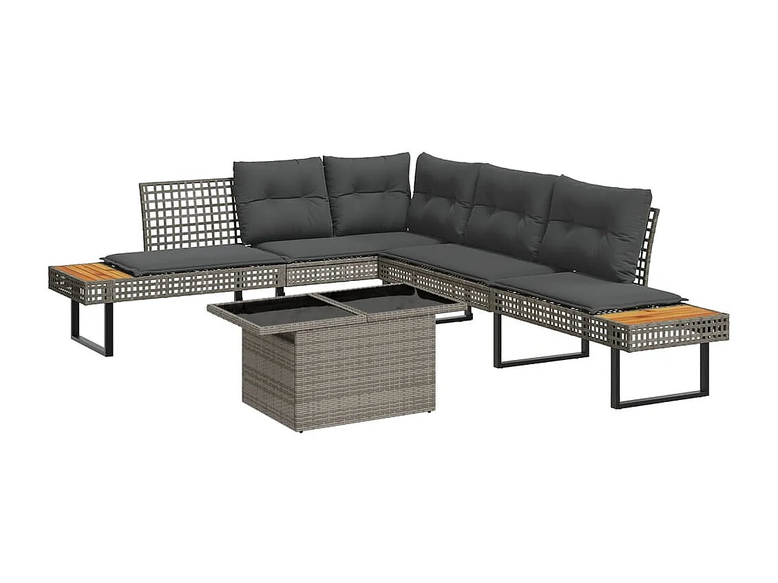 Salon de jardin avec coussins 2pcs gris résine tressée et verre