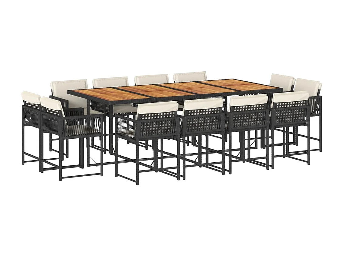 Set da Pranzo da Giardino 13pz con Cuscini Nero in Polyrattan