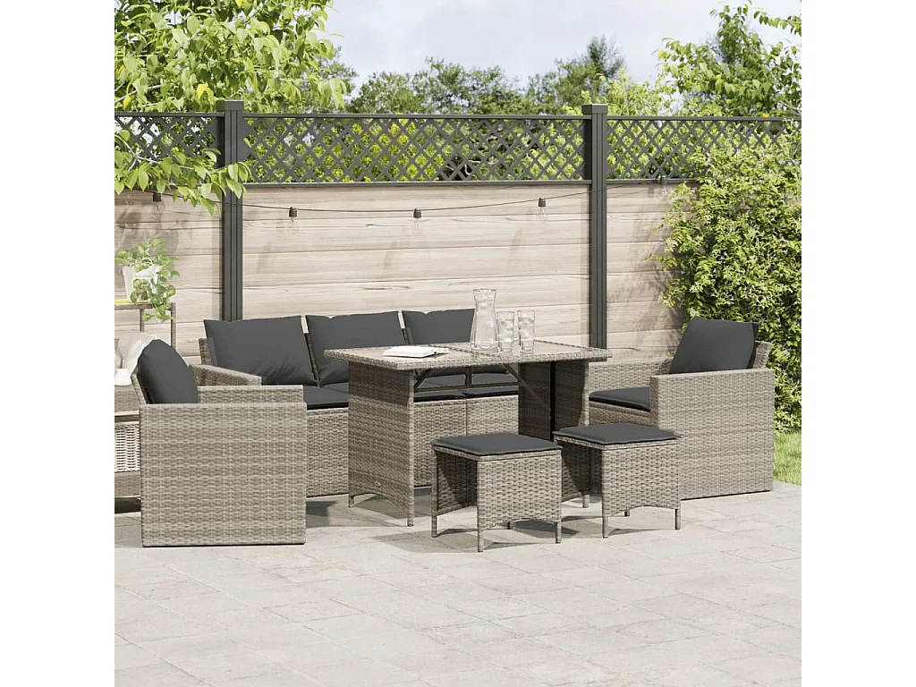 Salon de jardin 6 pcs avec coussins gris clair résine tressée