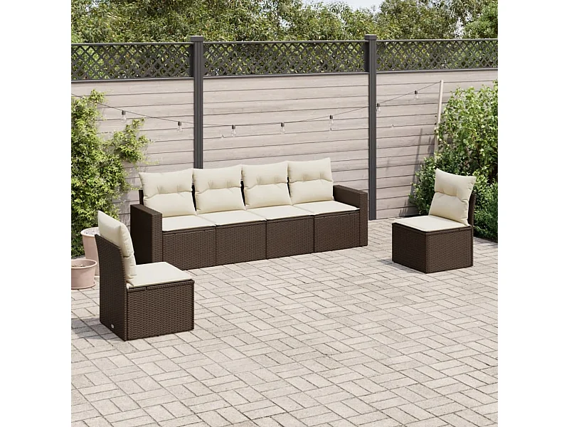Salon de jardin avec coussins 6 pcs marron résine tressée