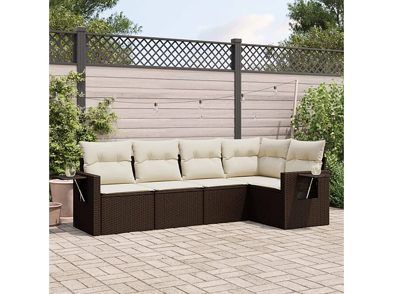 Salon de jardin avec coussins 5 pcs marron résine tressée