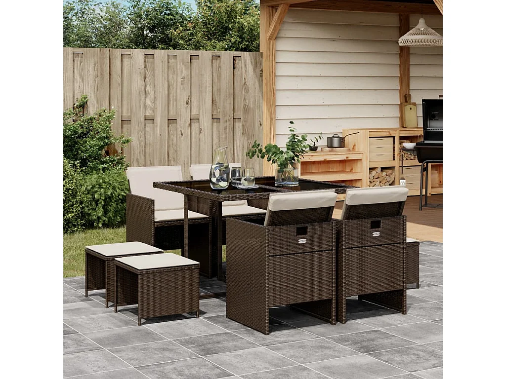 Set da Pranzo da Giardino 9pz con Cuscini Marrone in Polyrattan