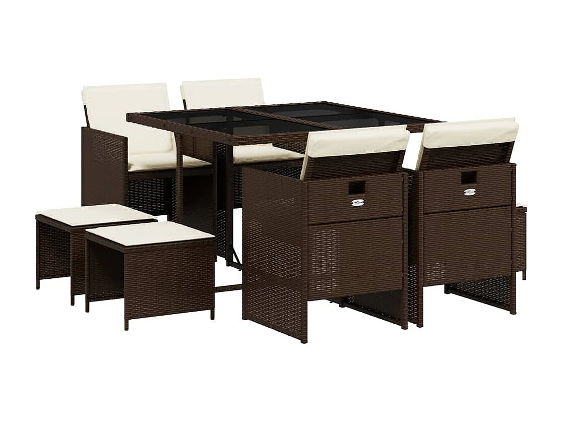 Set da Pranzo da Giardino 9pz con Cuscini Marrone in Polyrattan