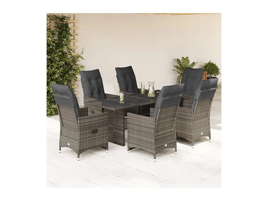 Set Bistrò da Giardino 7 pz con Cuscini in Polyrattan Grigio