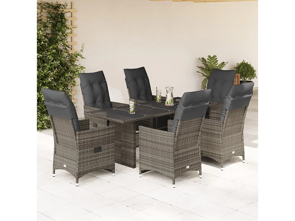 Set Bistrò da Giardino 7 pz con Cuscini in Polyrattan Grigio