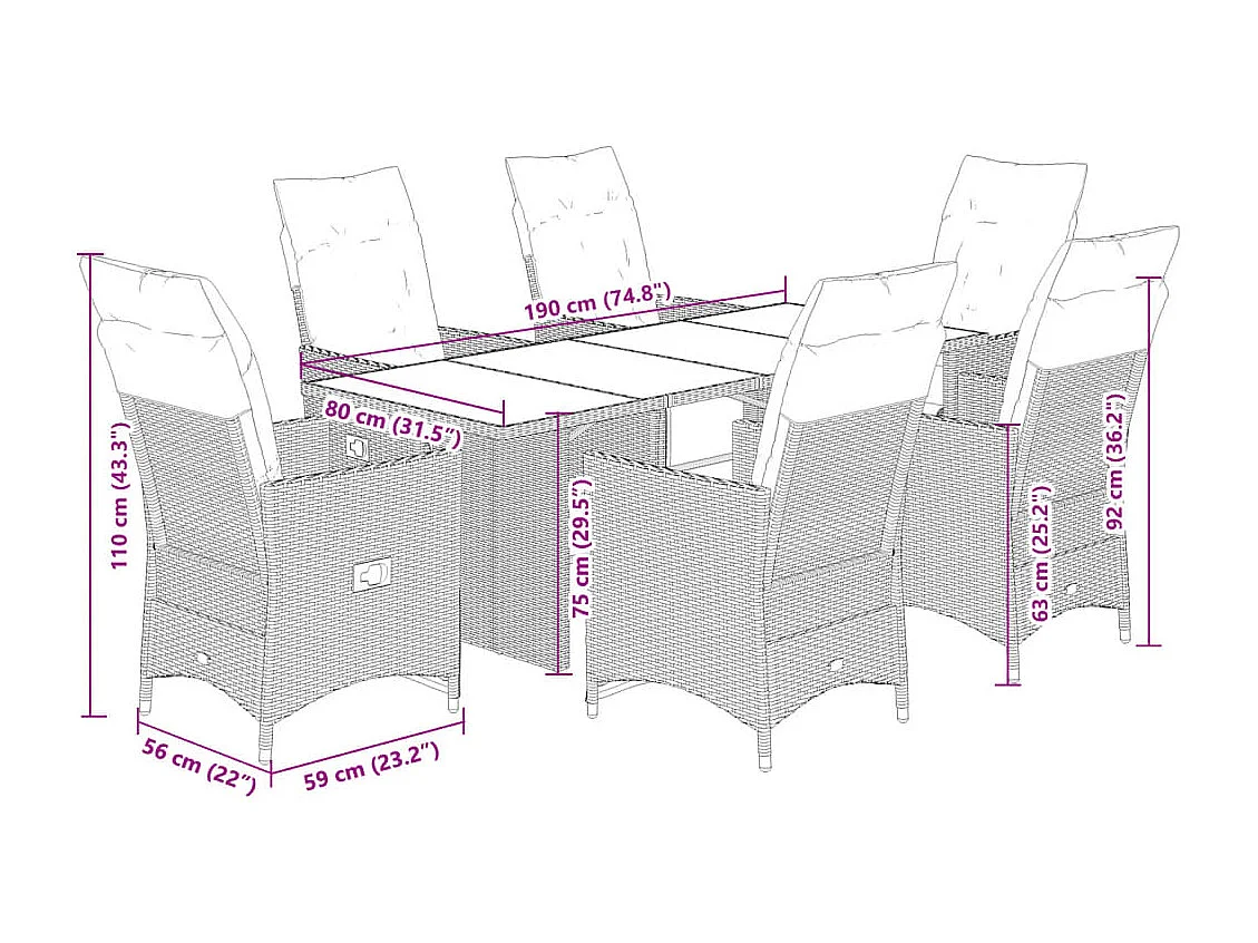 Set Bistrò da Giardino 7 pz con Cuscini in Polyrattan Grigio