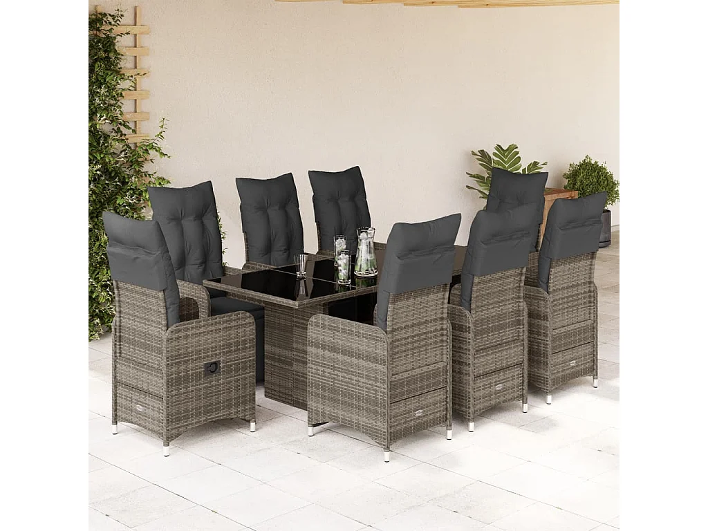 Ensemble de bistro de jardin 9 pcs coussins gris poly rotin