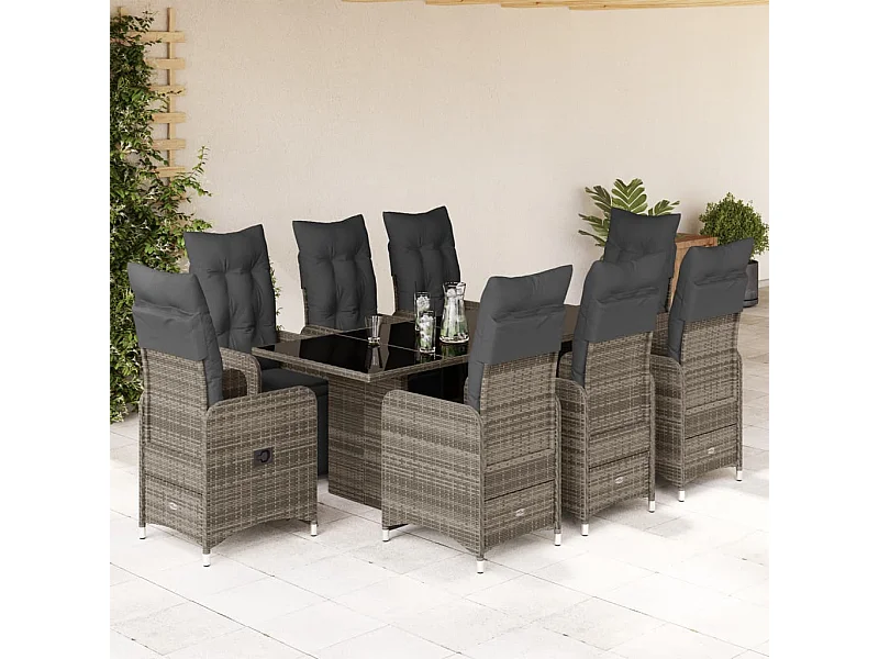 Ensemble de bistro de jardin 9 pcs coussins gris poly rotin