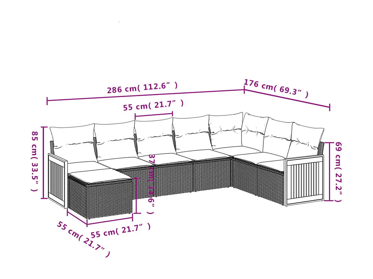 8 pcs conjunto de sofás p/ jardim com almofadões vime PE bege