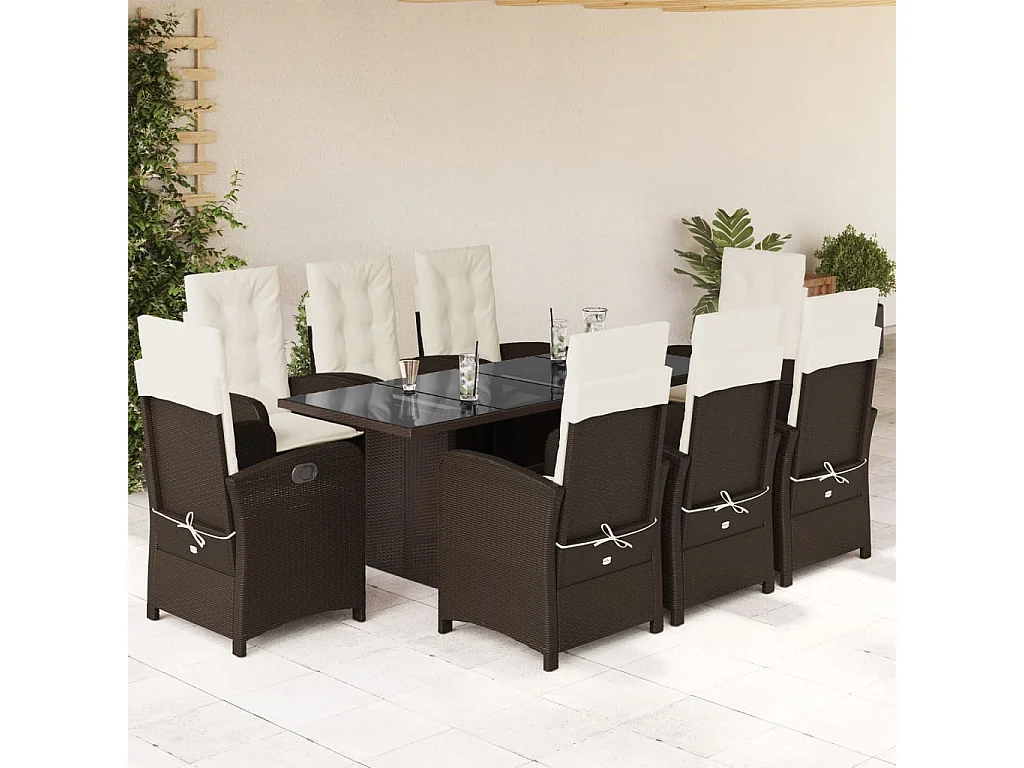 Ensemble à manger de jardin et coussins 9 pcs marron poly rotin