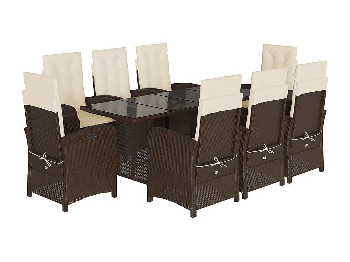 Ensemble à manger de jardin et coussins 9 pcs marron poly rotin