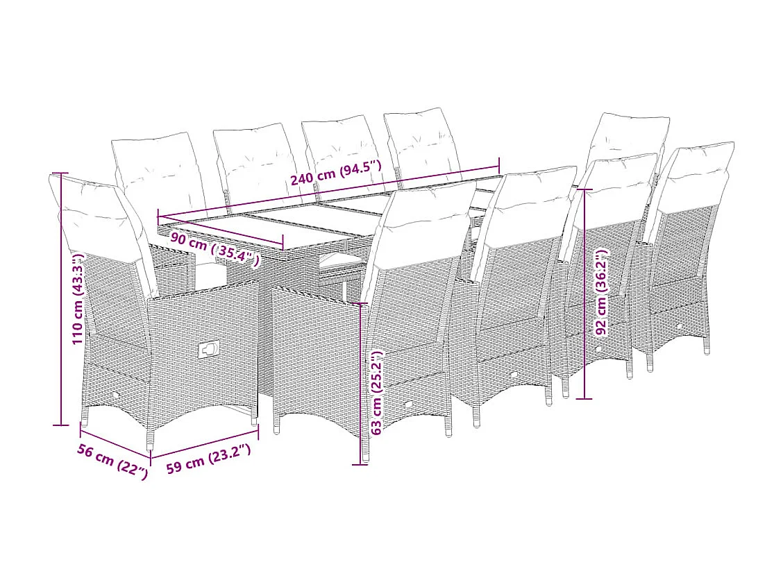 11 pcs conjunto de bistrô p/ jardim c/ almofadões vime PE preto