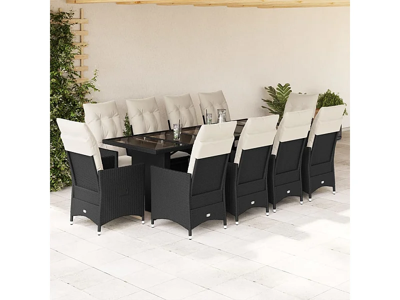 11 pcs conjunto de bistrô p/ jardim c/ almofadões vime PE preto