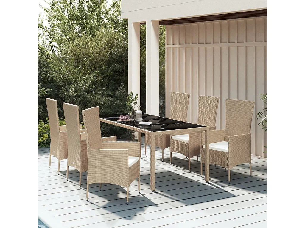 Ensemble à manger de jardin et coussins 7 pcs beige poly rotin