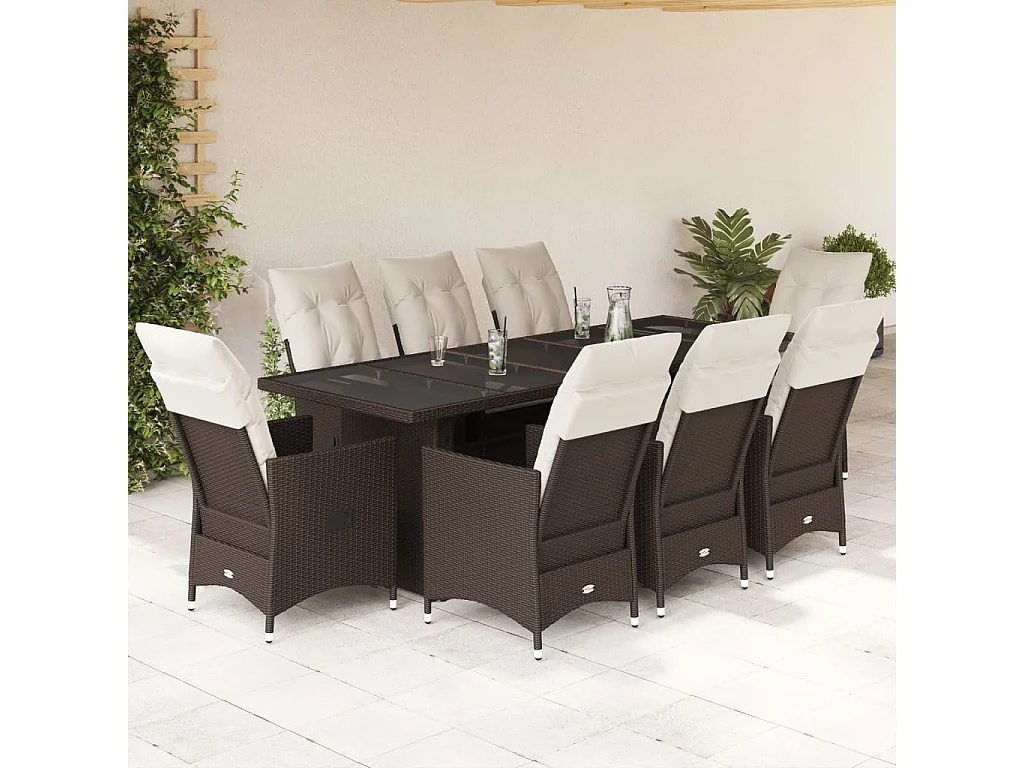 Set Bistrò da Giardino 9 pz con Cuscini in Polyrattan Marrone