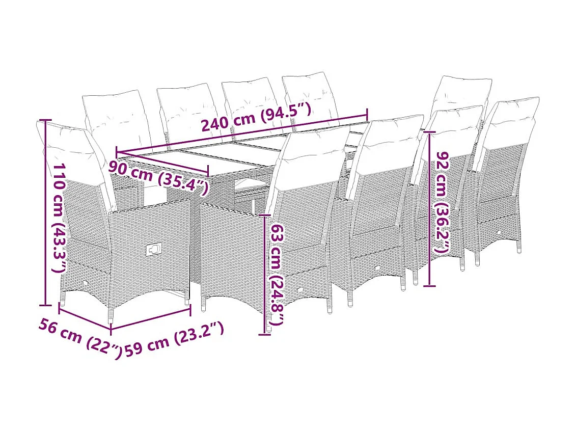 Set Bistrò da Giardino 9 pz con Cuscini in Polyrattan Marrone