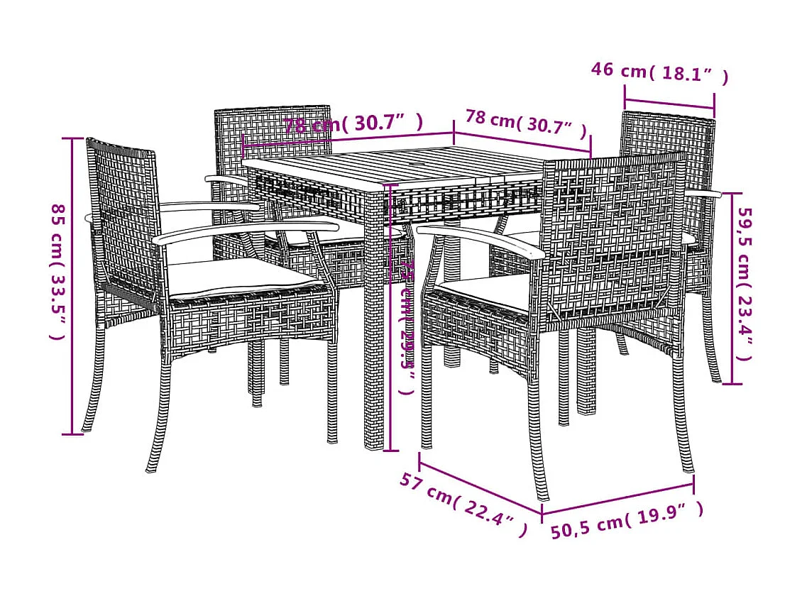 5-tlg. Garten-Essgruppe mit Kissen Grau Poly Rattan