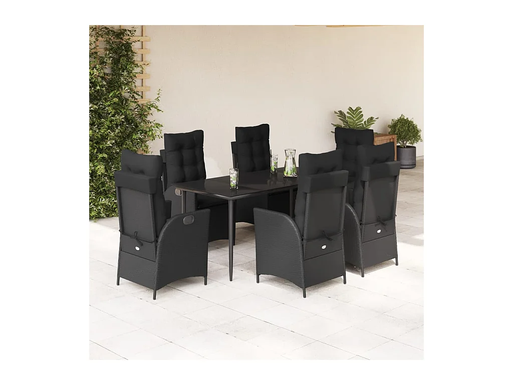 Set de comedor de jardín 7 pzas y cojines ratán sintético negro