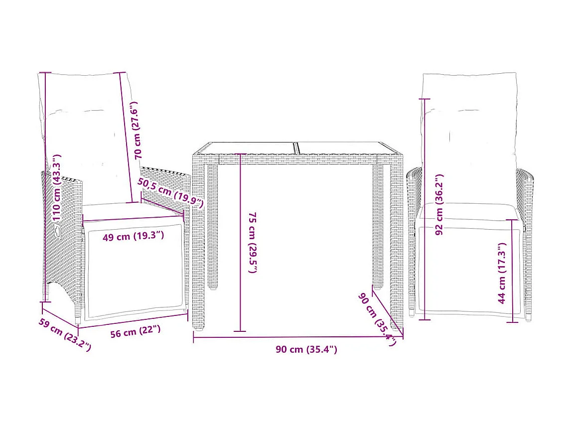 Set Bistrò da Giardino 3 pz con Cuscini in Polyrattan Grigio