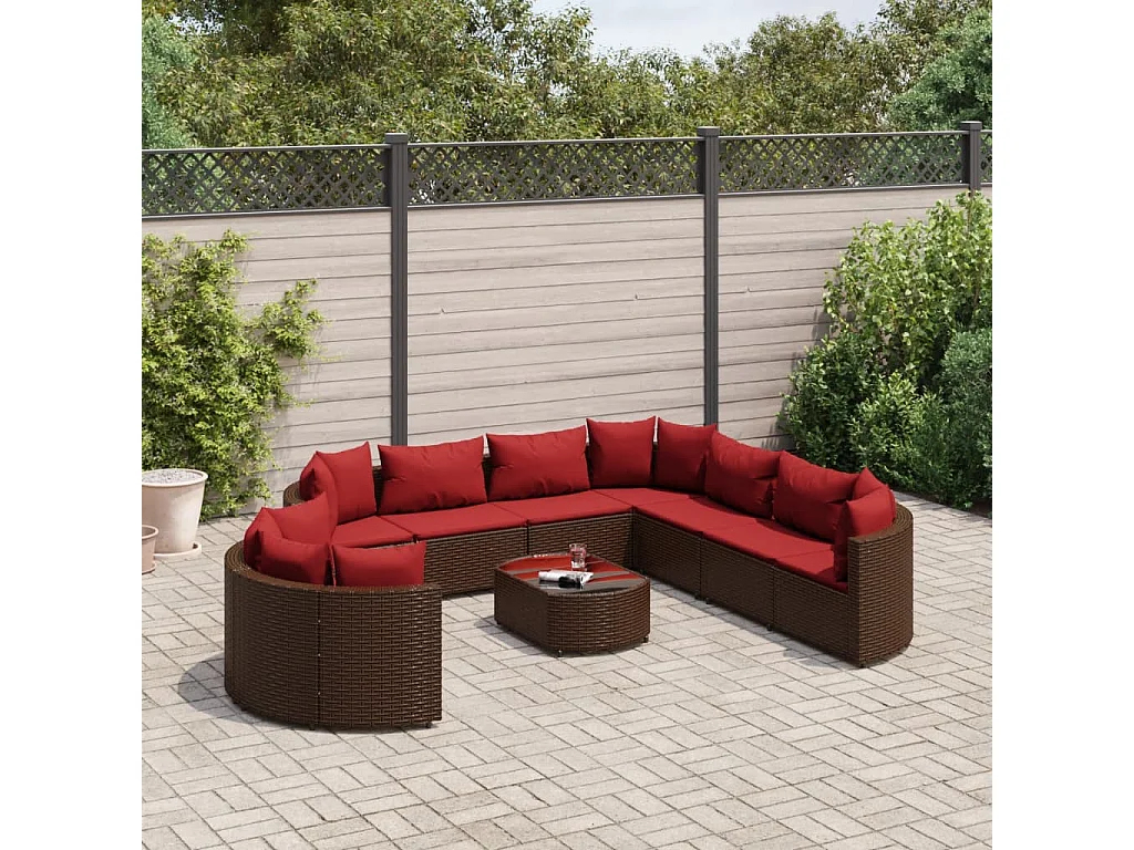 Salon de jardin 10 pcs avec coussins marron résine tressée