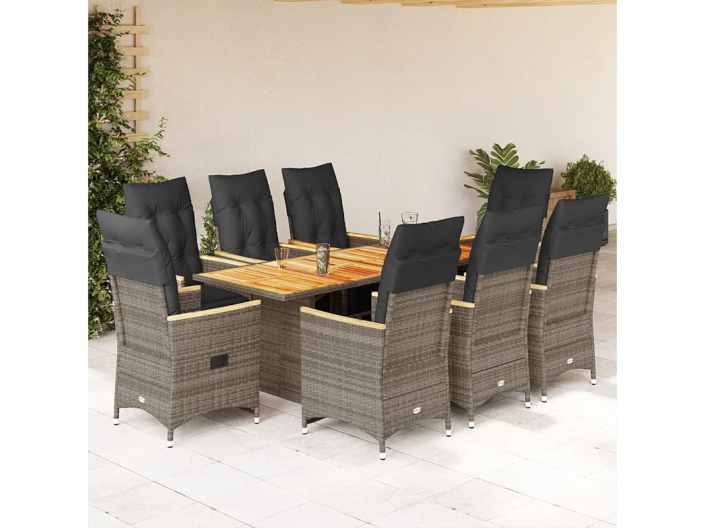 Set Bistrò da Giardino 9 pz con Cuscini in Polyrattan Grigio