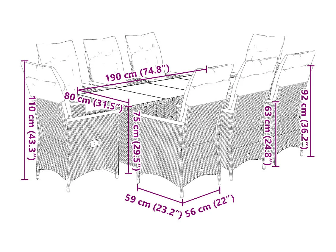 9-tlg. Garten-Bistro-Set mit Kissen Grau Poly Rattan