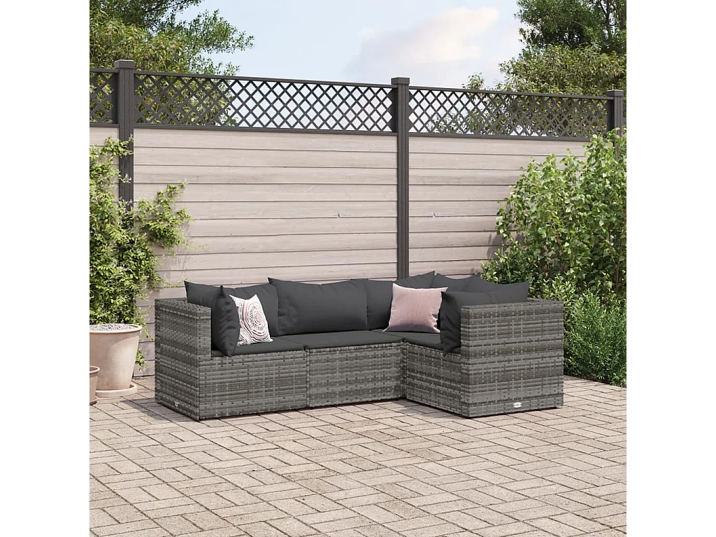Salon de jardin 4 pcs avec coussins Gris Résine tressée