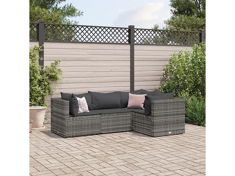 Salon de jardin 4 pcs avec coussins Gris Résine tressée