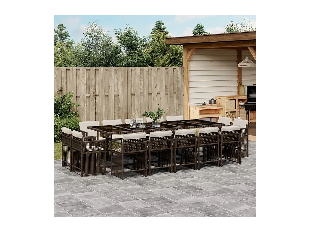 15 pcs conjunto jantar p/ jardim c/ almofadões vime PE castanho