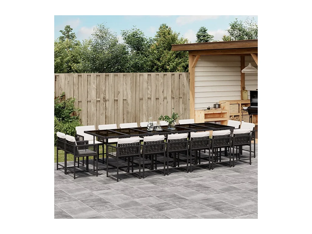 Set da Pranzo da Giardino 17 pz con Cuscini Nero in Polyrattan