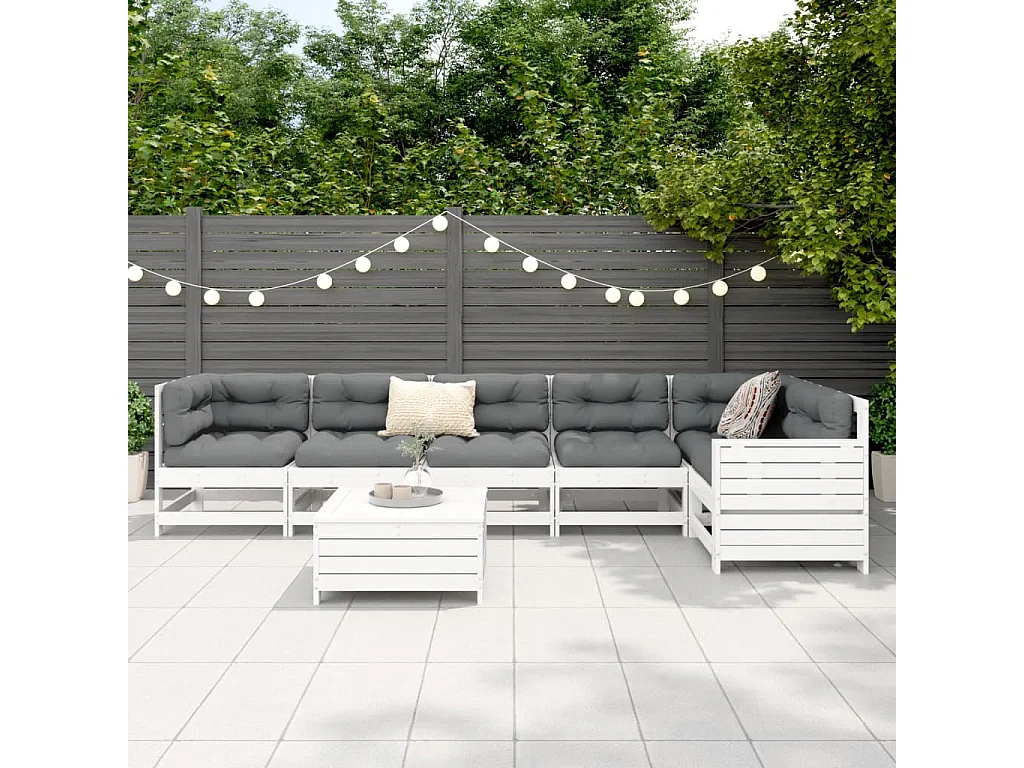 Salon de jardin 7 pcs blanc bois de pin massif