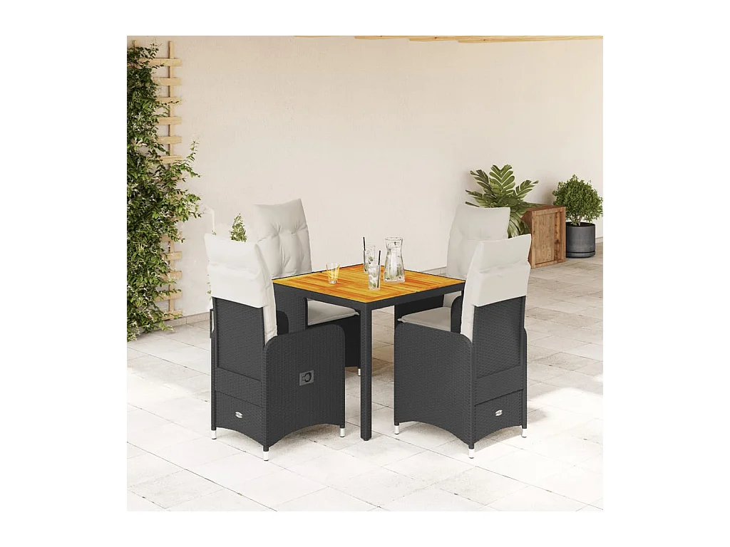 5-delige Bistroset met kussens poly rattan zwart