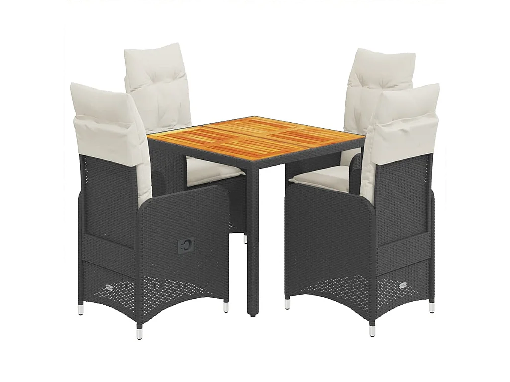 Mesita y sillas jardín 5 pzas y cojines ratán sintético negro