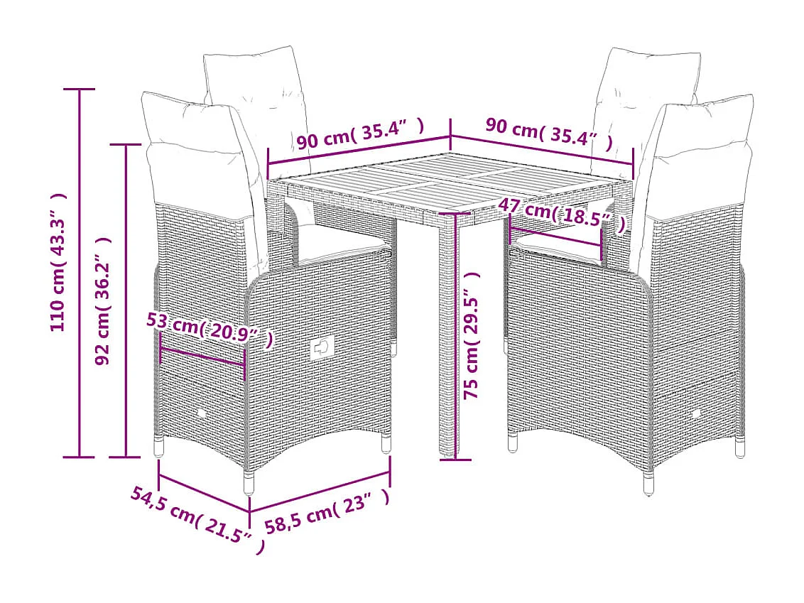 Mesita y sillas jardín 5 pzas y cojines ratán sintético negro