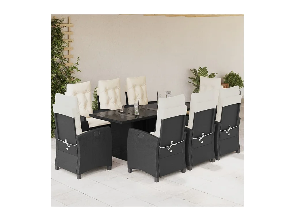 Ensemble à manger de jardin 9pcs coussins noir résine tressée