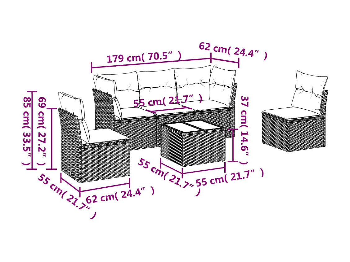 6-delige Loungeset met kussens poly rattan grijs